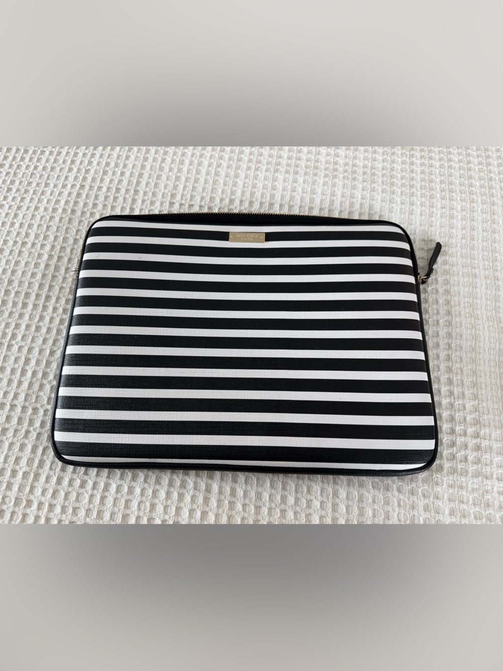 kate spade Black and White Striped Tablet Sleeve with Gold Nameplate